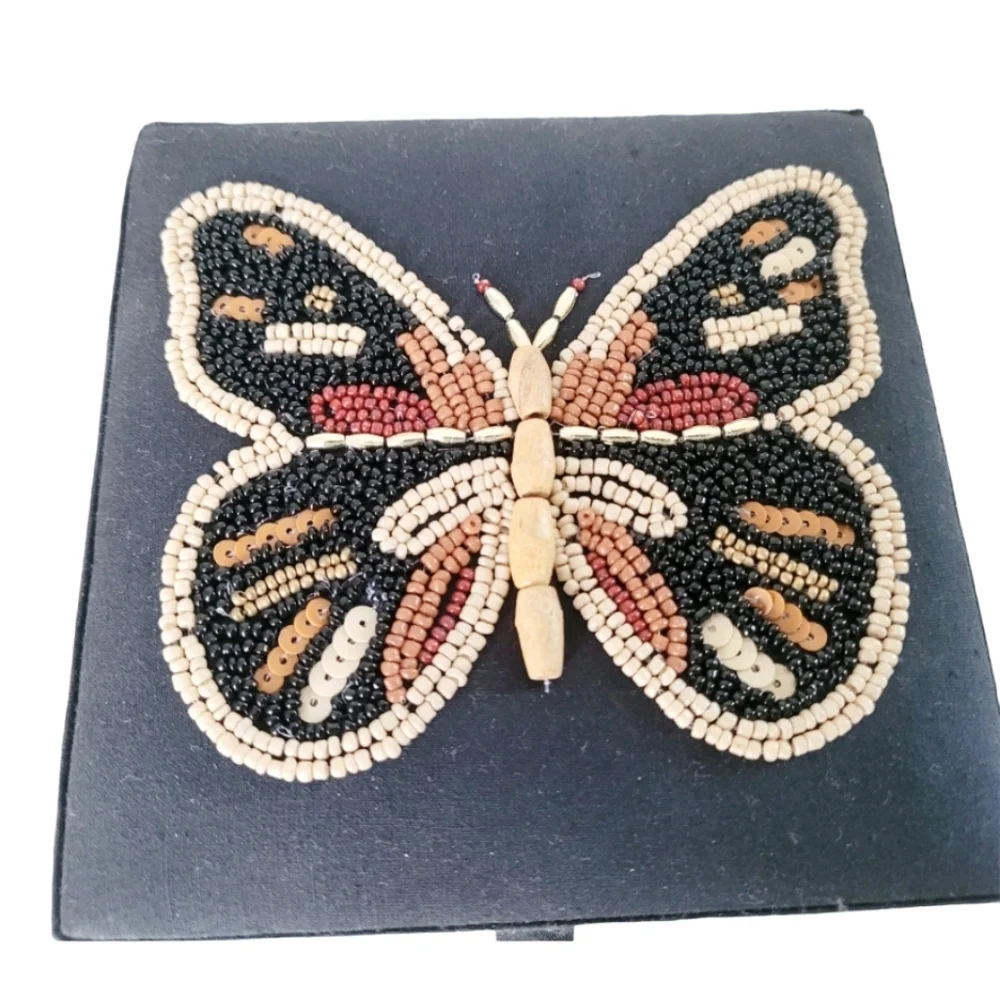 Beaded Butterfly Boho Hippy Jewelry Trinket Box with Mirror New - Picture 2 of 5